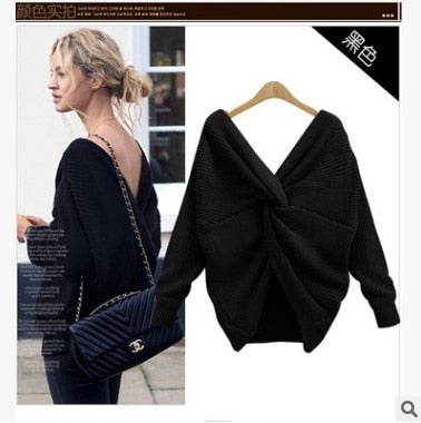 Danjeaner 2018 4 colors V Neck Twisted Back Sweater Women Jumpers Pullovers Casual Tops Long Sleeve Knitted Sweaters Pull Femme