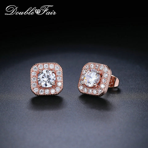 Double Fair Temperament Square Inlaid Crystal Zircon Wedding Stud Earrings For Women Rose Gold Piercing Earring Jewelry DFE839M