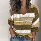 ELSVIOS Striped Print V-neck Knitted Sweater Women Plus Size Long Sleeve Tops Pullover Casual Autumn Winter Pull Sweaters Jumper