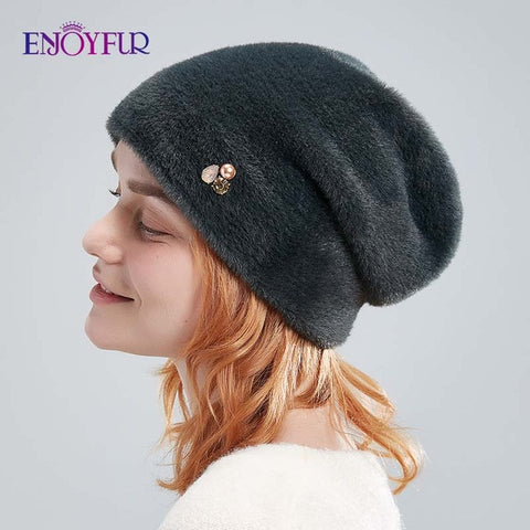 ENJOYFUR Winter Hats For Women Imitate Wool Thick Bonnet For Female Solid Colors High Quality Rhinestone Cap New Skulls Beanies