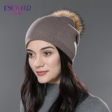 ENJOYFUR Winter women real fur pom pom hats wool knitted thick warm lined beanies hat lady fashion bobble ski caps