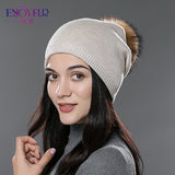 ENJOYFUR Winter women real fur pom pom hats wool knitted thick warm lined beanies hat lady fashion bobble ski caps