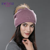 ENJOYFUR Winter women real fur pom pom hats wool knitted thick warm lined beanies hat lady fashion bobble ski caps