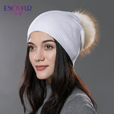 ENJOYFUR Winter women real fur pom pom hats wool knitted thick warm lined beanies hat lady fashion bobble ski caps