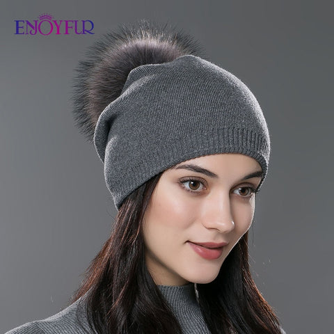 ENJOYFUR Winter women real fur pom pom hats wool knitted thick warm lined beanies hat lady fashion bobble ski caps