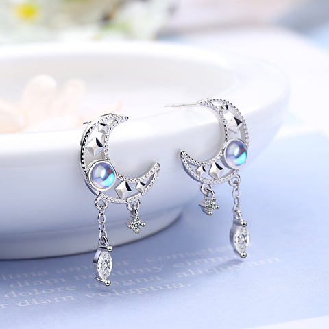 Elegant Gorgeous 925 Sterling Silver Hollow-out Moon Zircon Moonstone Tassel Dangle Earrings For Women Jewelry