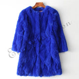 Ethel Anderson 100% Real Rabbit Fur Coat Women's O-Neck Long Rabbit Fur Jacket 3/4 Sleeves Vintage Style Leather Fur Outwear