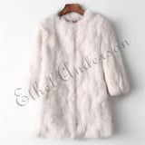 Ethel Anderson 100% Real Rabbit Fur Coat Women's O-Neck Long Rabbit Fur Jacket 3/4 Sleeves Vintage Style Leather Fur Outwear