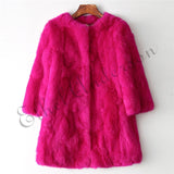 Ethel Anderson 100% Real Rabbit Fur Coat Women's O-Neck Long Rabbit Fur Jacket 3/4 Sleeves Vintage Style Leather Fur Outwear