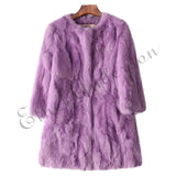 Ethel Anderson 100% Real Rabbit Fur Coat Women's O-Neck Long Rabbit Fur Jacket 3/4 Sleeves Vintage Style Leather Fur Outwear