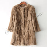 Ethel Anderson 100% Real Rabbit Fur Coat Women's O-Neck Long Rabbit Fur Jacket 3/4 Sleeves Vintage Style Leather Fur Outwear