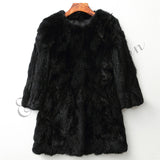 Ethel Anderson 100% Real Rabbit Fur Coat Women's O-Neck Long Rabbit Fur Jacket 3/4 Sleeves Vintage Style Leather Fur Outwear