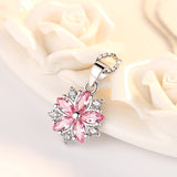 Fashion 925 Sterling Silver Flower Pendant Necklace Women Pink White Cubic Zircon Crystal Long Chain Necklace 925 Silver Jewelry