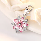 Fashion 925 Sterling Silver Flower Pendant Necklace Women Pink White Cubic Zircon Crystal Long Chain Necklace 925 Silver Jewelry