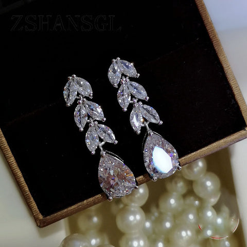 Fashion Female Crystal Leaf Drop Earrings 925 Silver filled White Zircon Earrings Boho Wedding Jewelry Long Dangle Earrings