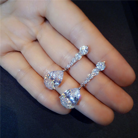 Fashion Female Crystal Water Drop Earrings 925 Silver filled White Stone Earrings Boho Wedding Jewelry Long Dangle Earrings