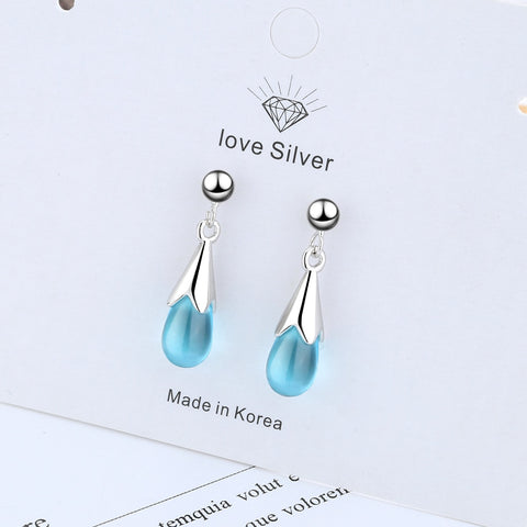 Fashion Female Jewelry 925 Sterling Silver Blue Glass Water Drop Long Tassel Earline Earrings for Women Pendientes Brincos
