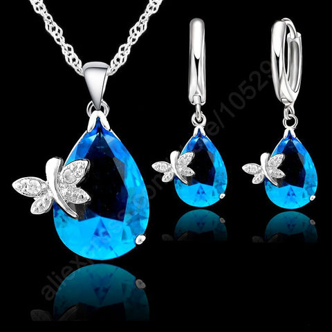 Fine Water Drop Austrian Crystal Bridal Wedding Jewelry Sets For Women 925 Sterling Silver Necklaces Earrings Set Gift