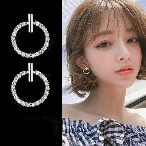 Free Shipping Fashion 925 Sterling Silver Crystal Rhinestone Geometric Round Stud Earrings For Women Beautiful Jewelry