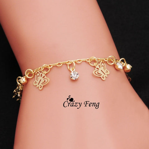 Free shipping Crazy Feng Brand New  Gold Color Charms Bracelets Anklets Girl butterfly Dangle Austrian Crystal Women Jewelry
