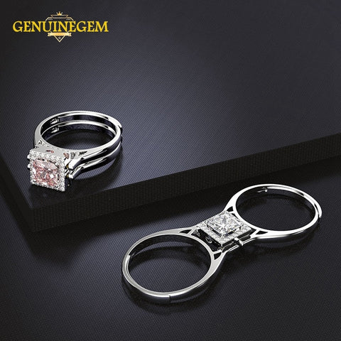 GENUINEGEM Specail Design 100% Real 925 Sterling Silver  Jewelry Pink White Created Moissanite Gemstone Wedding Rings for Women