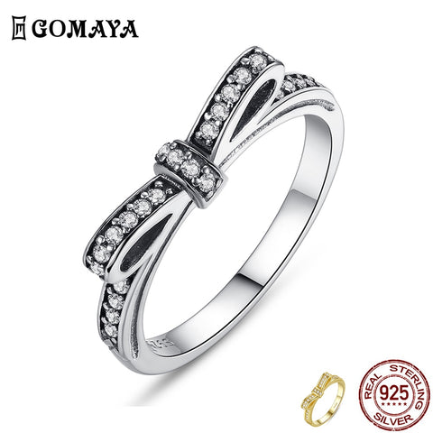 GOMAYA 925 Sterling Silver Ring Sparkling Bow Knot Stackable Rings Cubic Zirconia for Women Valentine's Day Gift Fine Jewelry