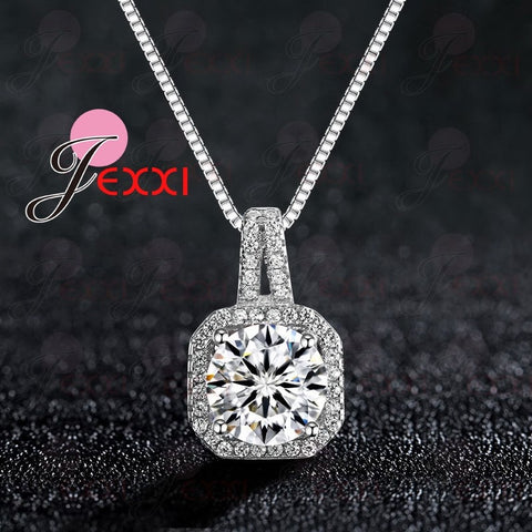 Genuine 925 Sterling Silver Super Shining Square Design Cubic Zircon Pendant Necklaces For Women Bridal Wedding Jewelry