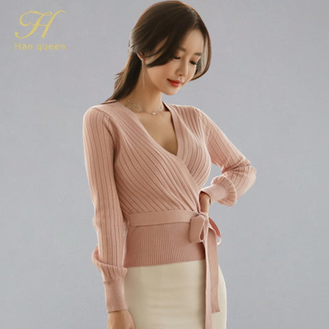 H Han Queen 2019 Spring Summer Knitted Stretch Bow Bandage Sweater Top Women Elegant Sexy Elastic Criss-cross Bottoming Sweater