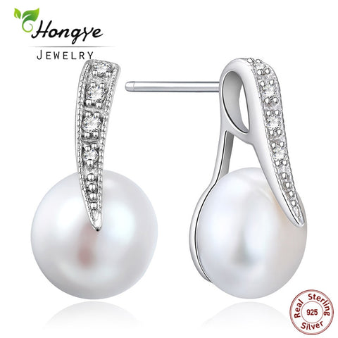 Hongye 925 Real Silver Earrings 100% Real Natural Freshwater Pearl Stud Earring Women real pearl Crystal Wedding Trendy Jewelry