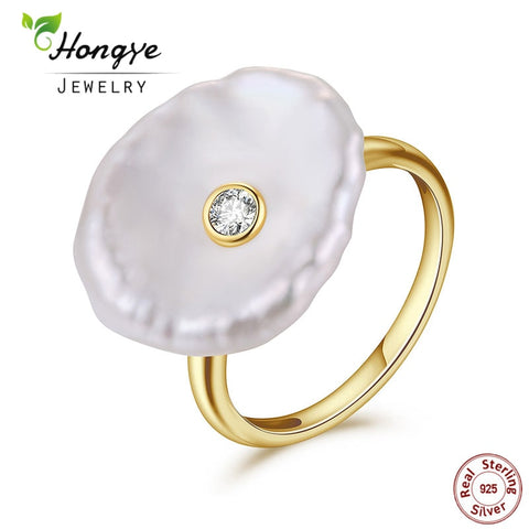 Hongye Natural Freshwater Pearl Ring 925 Sterling Silver jewelry Baroque Pearl Gold Rings Fashion Designer for Women Wedding