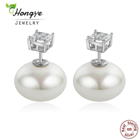 Hongye Natural Freshwater Pearl Stud Earrings 100% 925 Sterling Silver Earrings AAA Zircon Brincos For Women Wedding Gift