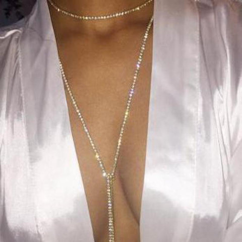 Hot Crystal Rhinestone Long Necklace Women Boho Body Chain Collier Summer Bikini Chain Beach Body Jewelry Multilayer Necklace