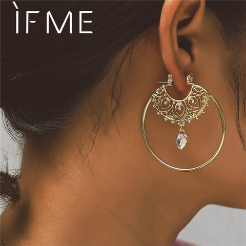 IF ME Vintage Trendy Gold Color Hoop Earrings For Women Bohemian Crystal Statement Geometry Round Creole Earring Pierce Jewelry