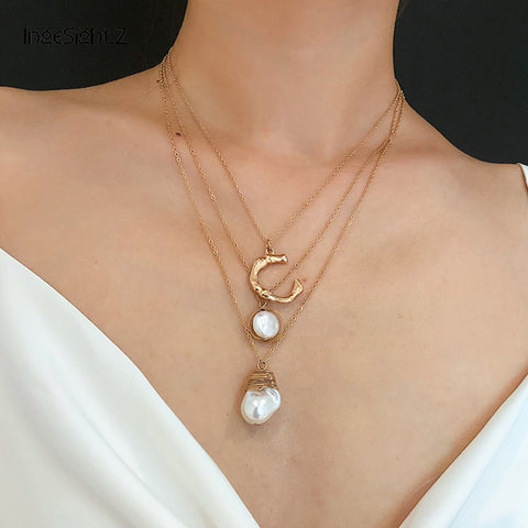 IngeSight.Z Fashion Multi Layered Simulated Pearl Choker Necklace Collar Statement Letter C Pendant Necklace Women Jewelry Gifts