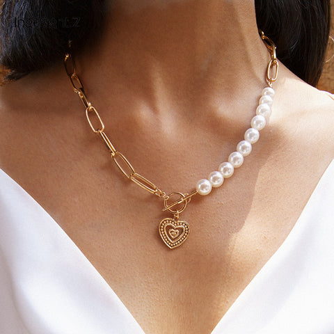 IngeSight.Z Punk Imitation Pearl Choker Necklace Collar Statement Golden Love Heart Lasso Pendant Necklaces for Women Jewelry