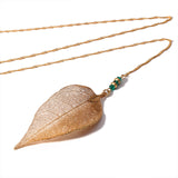 JYA Women Fashion Jewelry Back Necklace Golden Long Chain Leaf Pendant Necklace Trendy Textured Delicate Clothing Accessories