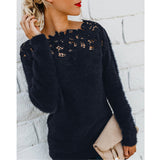 Jocoo Jolee Women Sexy Lace Hollow Out Slash Neck Sweater Casual Fleece Plush Pullovers Female Elegant Jumper Plus Size 5XL