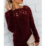 Jocoo Jolee Women Sexy Lace Hollow Out Slash Neck Sweater Casual Fleece Plush Pullovers Female Elegant Jumper Plus Size 5XL