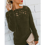 Jocoo Jolee Women Sexy Lace Hollow Out Slash Neck Sweater Casual Fleece Plush Pullovers Female Elegant Jumper Plus Size 5XL