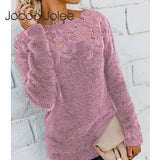 Jocoo Jolee Women Sexy Lace Hollow Out Slash Neck Sweater Casual Fleece Plush Pullovers Female Elegant Jumper Plus Size 5XL