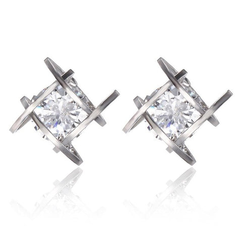 Korean Copper Bijoux Geometric Square Cross Cubic Zirconia Crystal Stud Earrings For Women Fashion Jewelry Brincos Oorbellen