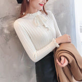 Korean Female Slim Knitted Sweater Long Sleeve Autumn Women Solid Color Pullovers Winter Petal Sleeve Bead Jumpers