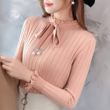 Korean Female Slim Knitted Sweater Long Sleeve Autumn Women Solid Color Pullovers Winter Petal Sleeve Bead Jumpers