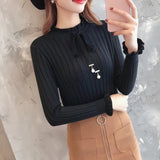 Korean Female Slim Knitted Sweater Long Sleeve Autumn Women Solid Color Pullovers Winter Petal Sleeve Bead Jumpers