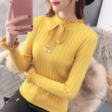 Korean Female Slim Knitted Sweater Long Sleeve Autumn Women Solid Color Pullovers Winter Petal Sleeve Bead Jumpers