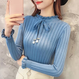 Korean Female Slim Knitted Sweater Long Sleeve Autumn Women Solid Color Pullovers Winter Petal Sleeve Bead Jumpers
