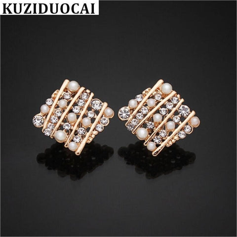Kuziduocai New Fashion Jewelry Square Shape Pearl Zircon Hollow Gold Color Elegant Pendientes Stud Earrings For Women Gifts E-25