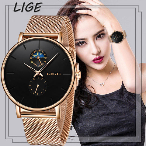 LIGE Womens Watches Top Brand Luxury Waterproof Watch Fashion Ladies Stainless Steel Ultra-Thin Casual Wrist Watch Quartz Clock