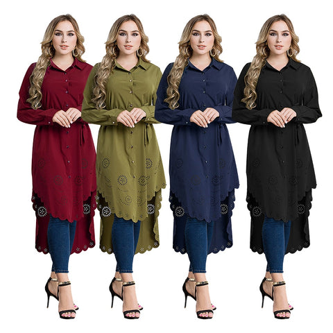 Lady's Long Style Blouse Dress Plus Size Muslim Abaya Costumes Hollow Soft Women Blouse Dress Solid Arabic Islamic Clothing