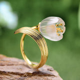 Lotus Fun Real 925 Sterling Silver 18k Gold Ring Natural Crystal Handmade Fine Jewelry Lily of the Valley Flower Rings For Women